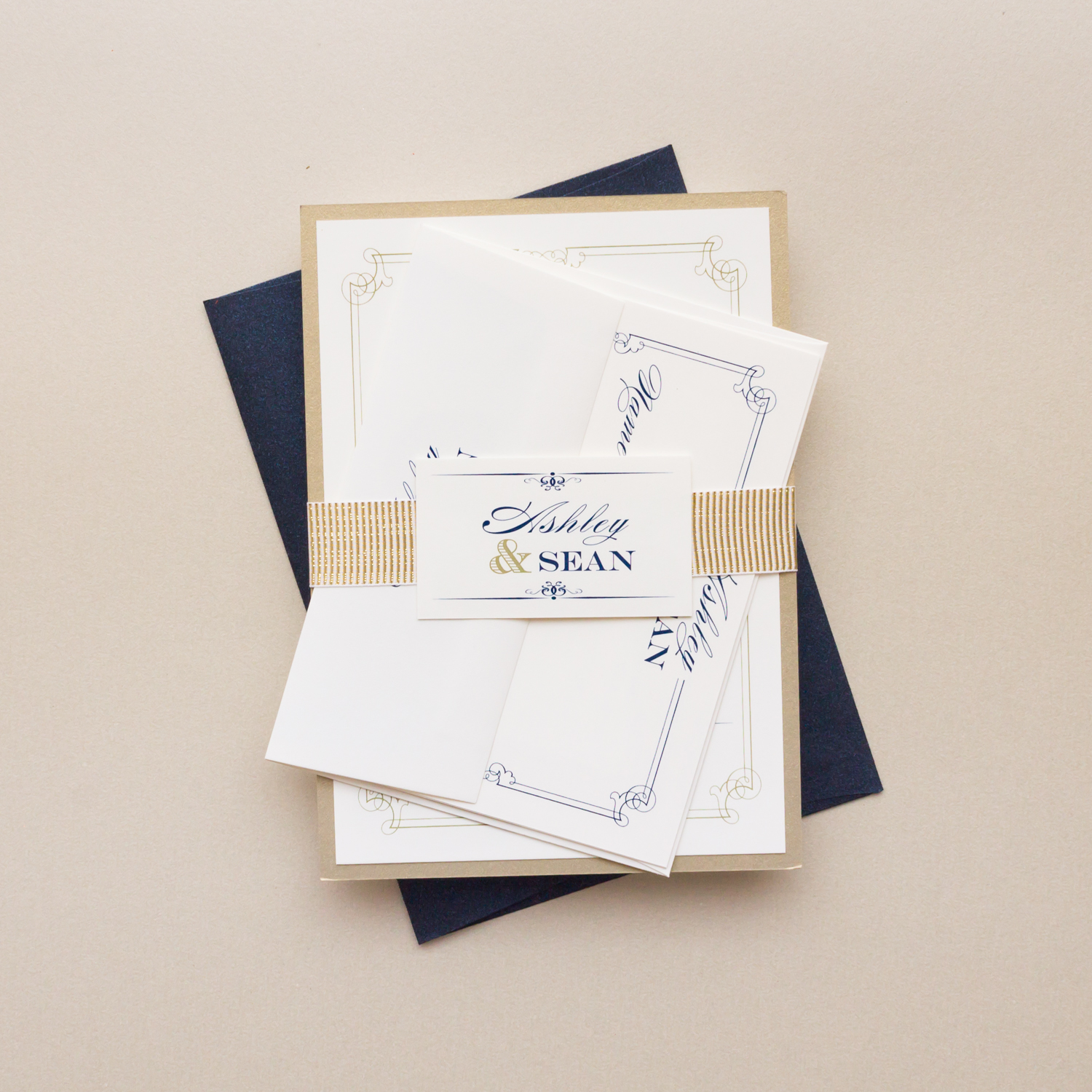 Complete Wedding Invites with Navy Pocket Invitation Elegant Traditional Script Font Belly Band and Medallion Tag RSVP Card Envelopes