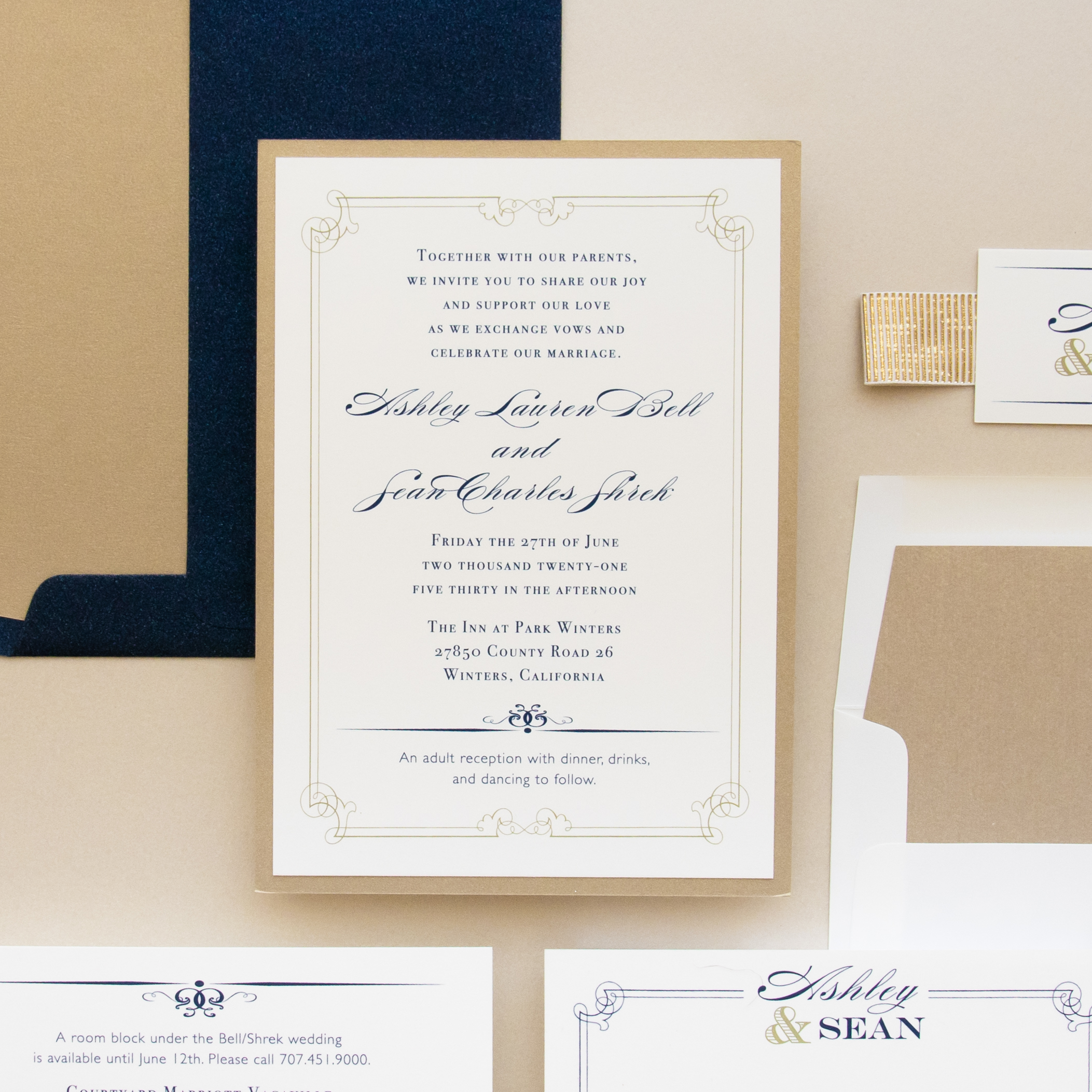 Gold and Navy Wedding Invitations, Traditional