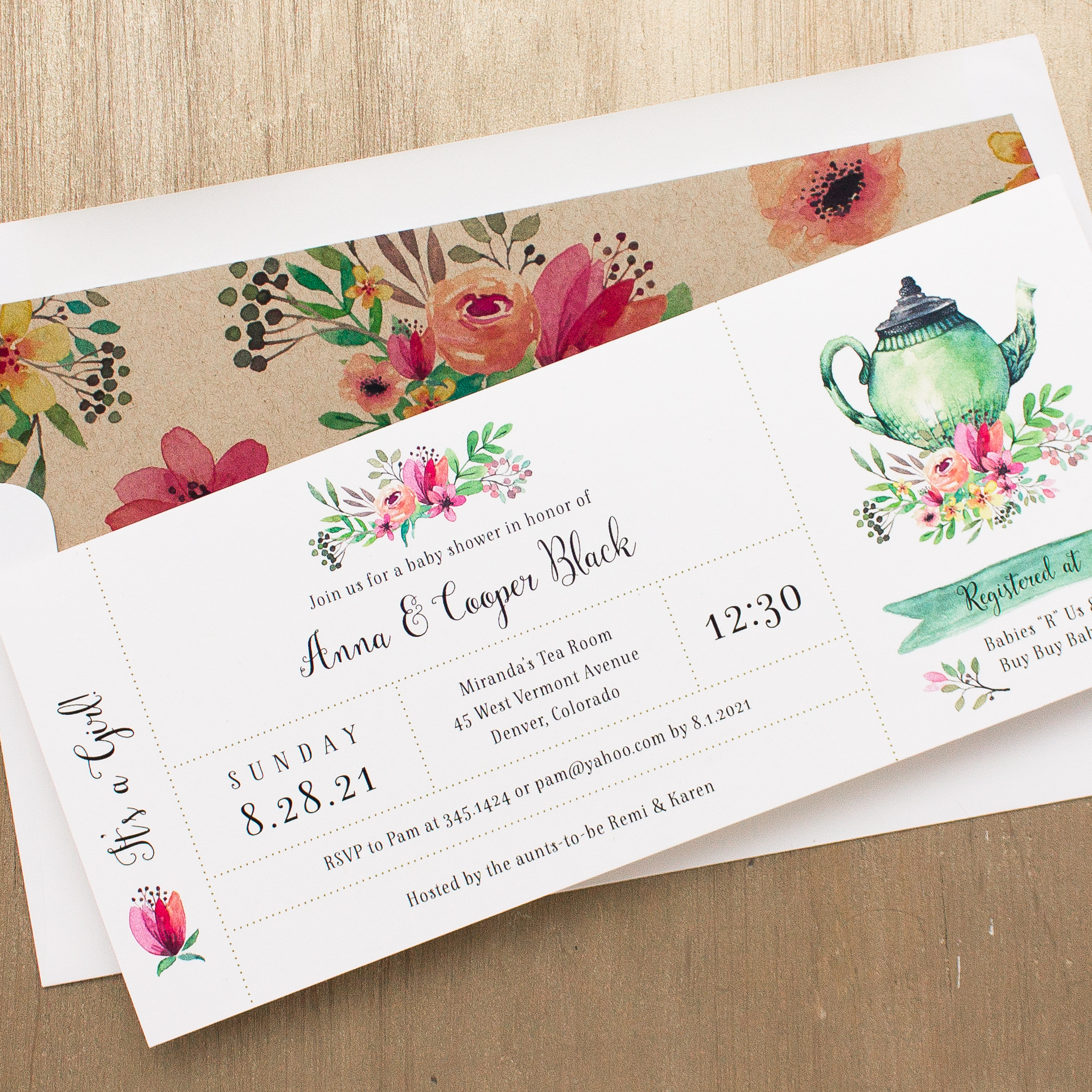 Tea Party Baby Shower Invitations with envelope liners