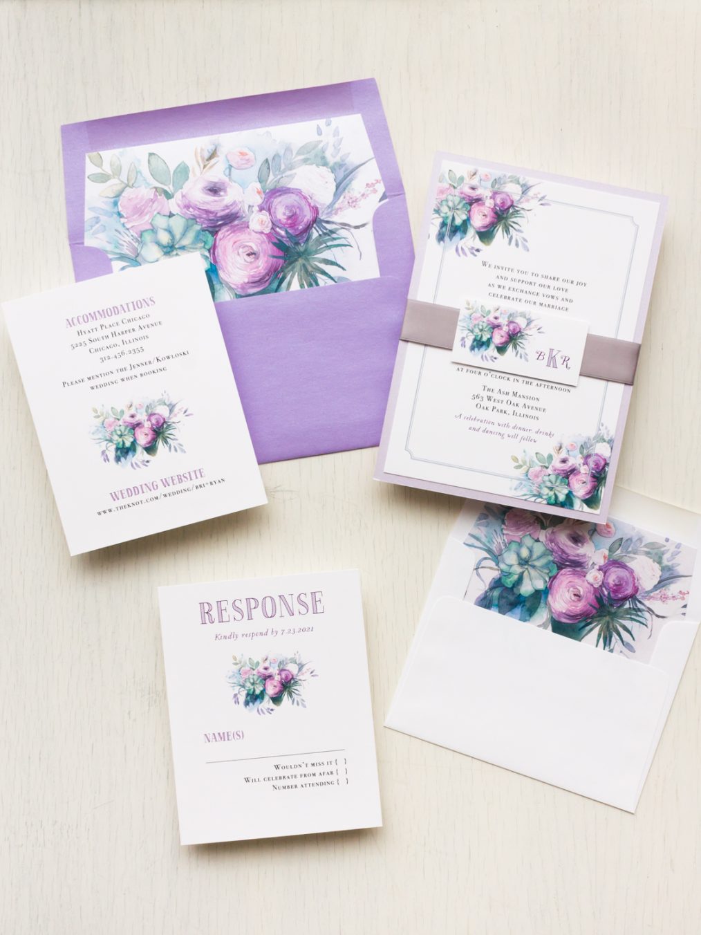 Purple Watercolor Rose Wedding Invitations