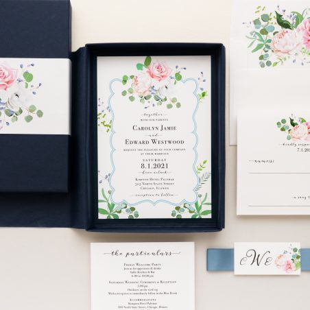 Unique Navy & Blue Floral Boxed Wedding Invitations