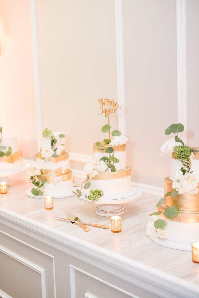 gold white floral wedding cake eucalyptus classic country club wedding