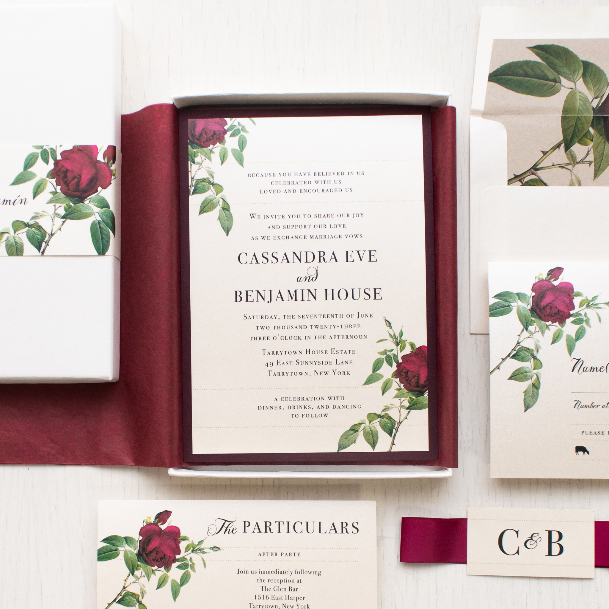 Ivory & Burgundy Floral Boxed Wedding Invitations
